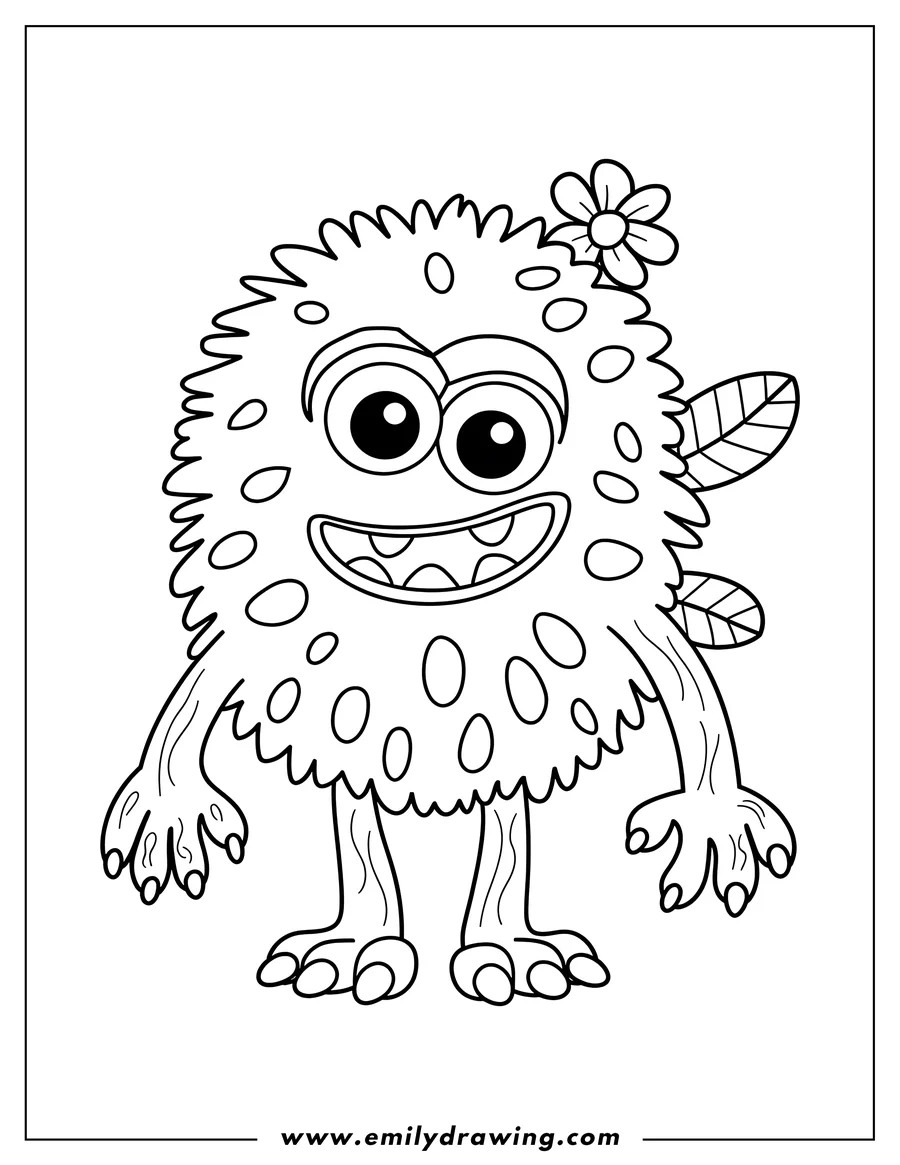 Line art of a friendly, round monster with a flower on its head and leaves sprouting from its sides.