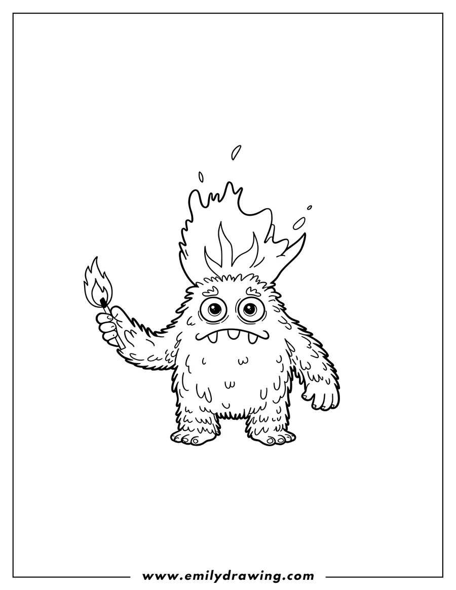 Line art of a furry monster holding a lit match, its hair slightly on fire.