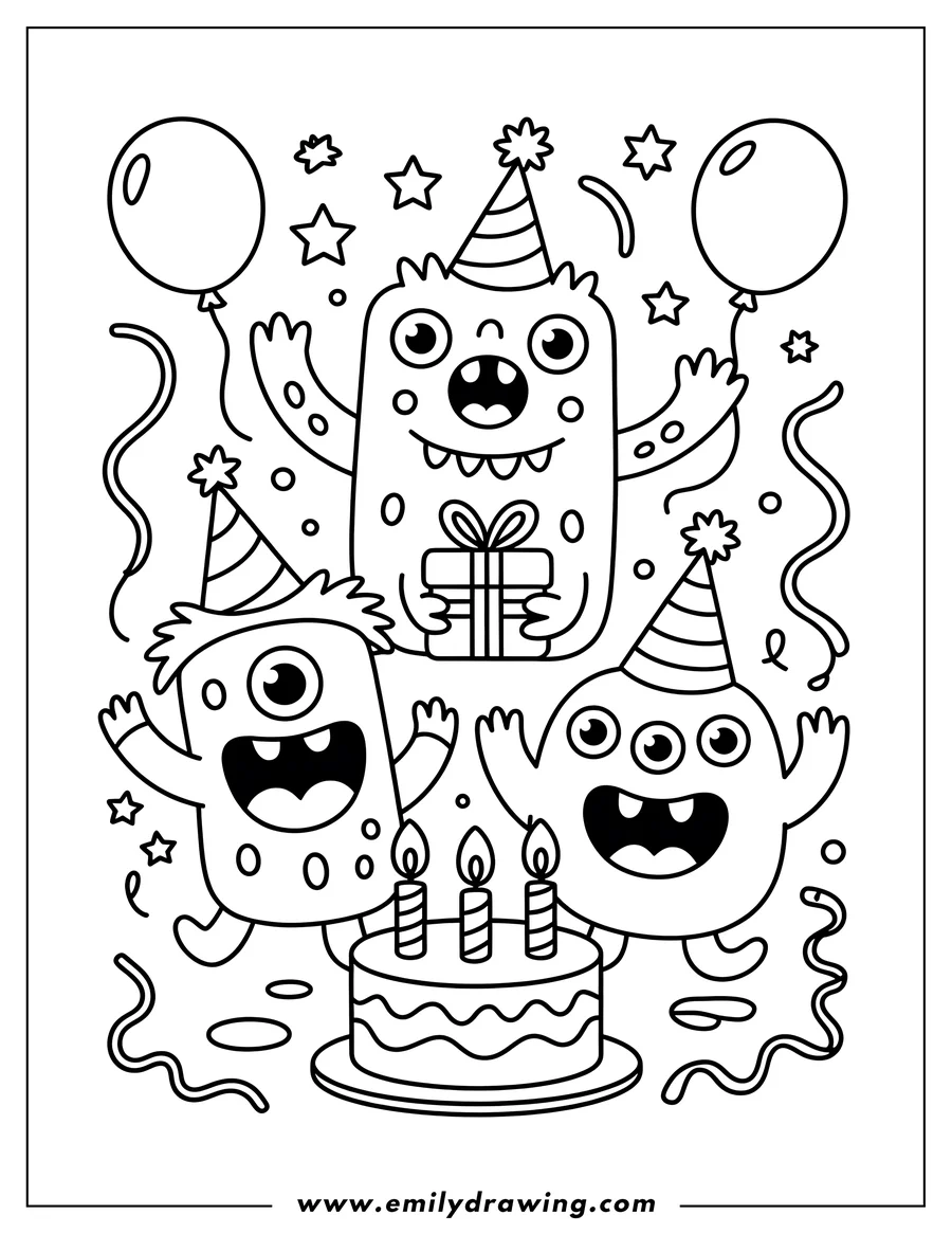 Outline of three monsters celebrating at a birthday party with a cake, balloons, and party hats. One monster holds a gift.