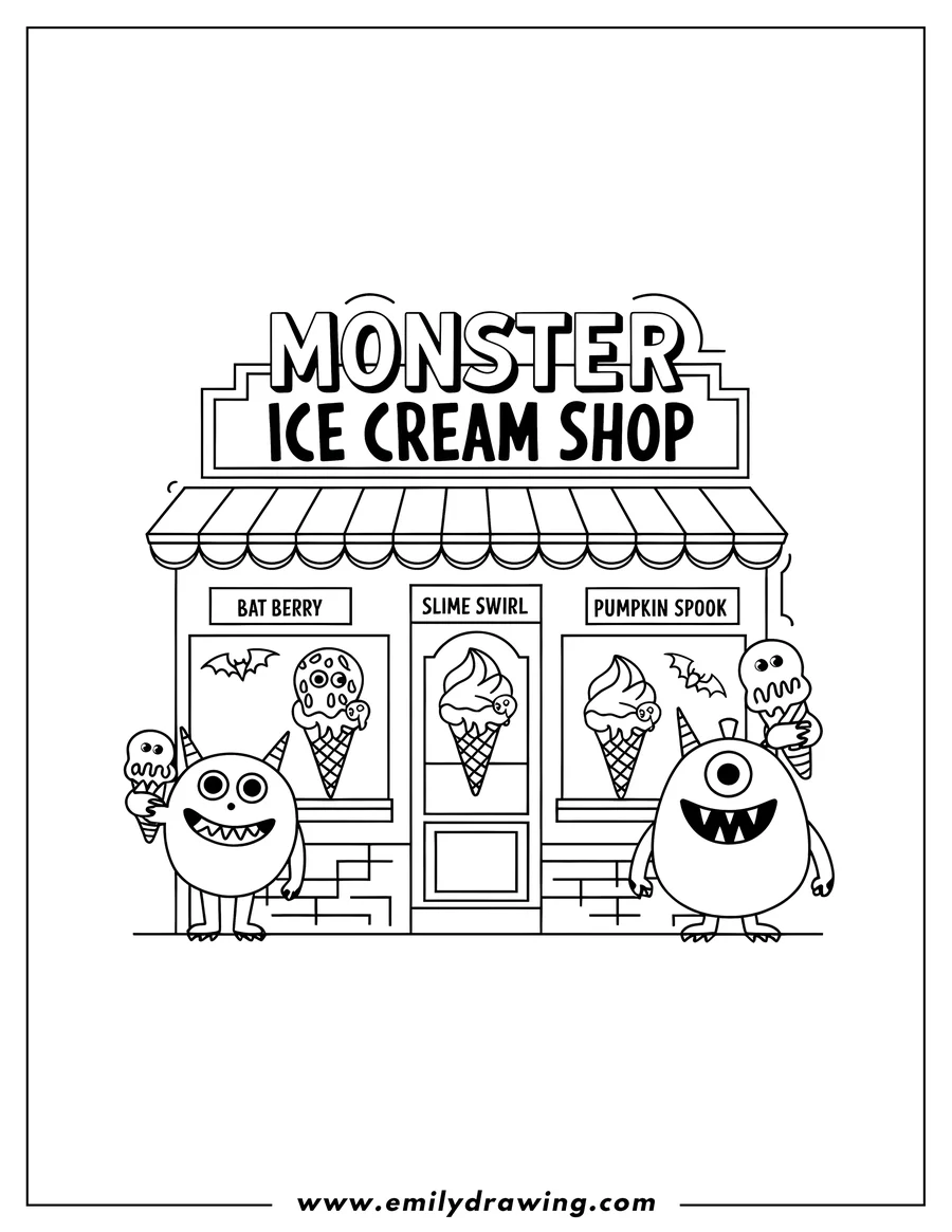 Two monsters with ice cream cones outside of the monster ice cream shop. The shop advertises bat berry, slime swirl, and pumpkin spook ice cream.