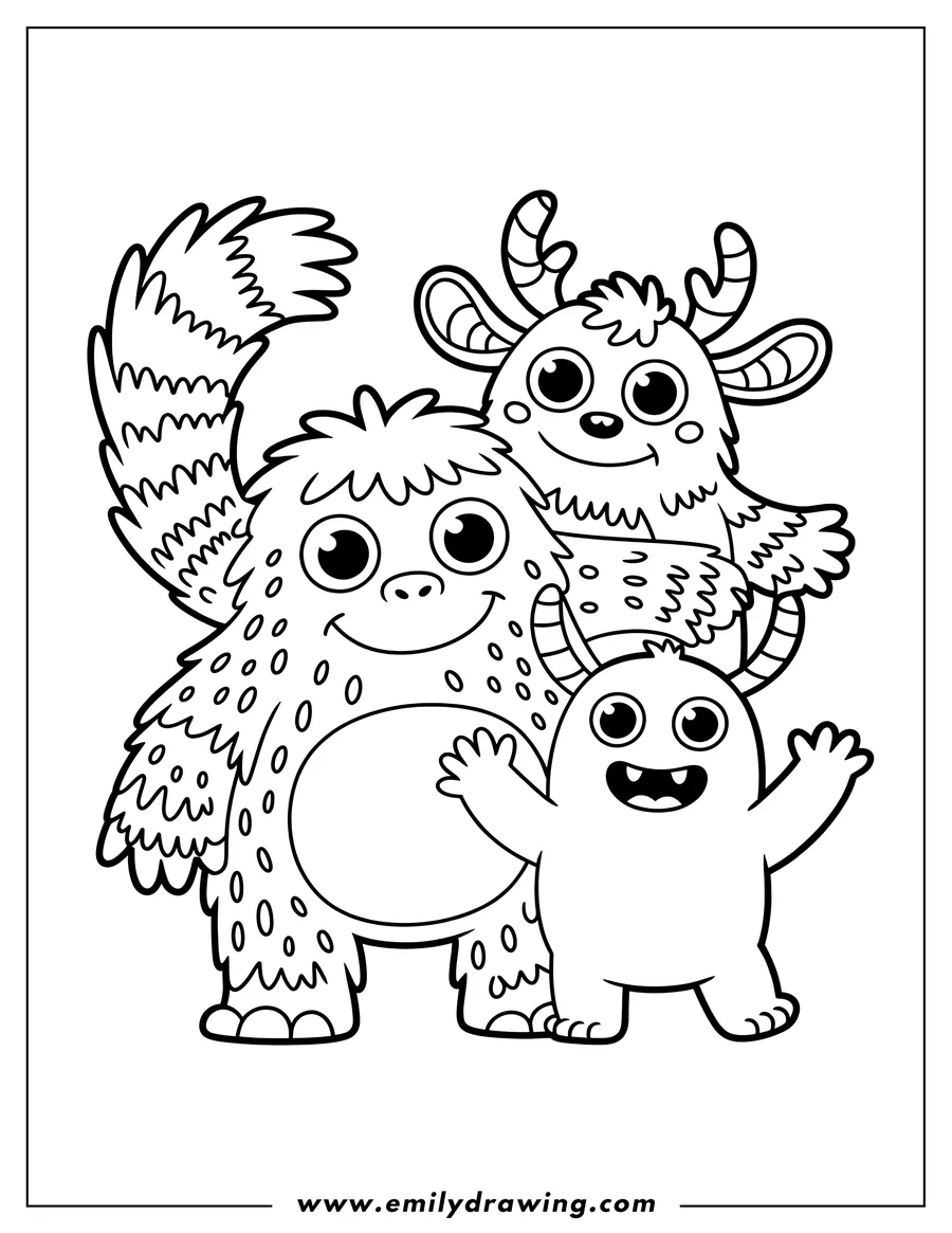 Line art of three friendly monsters. One monster has a large, fluffy tail, another has curly horns, and the third has small horns and a short tail. They appear happy and playful.