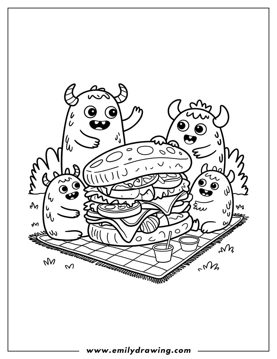 Four monsters having a picnic with a giant burger on a blanket.