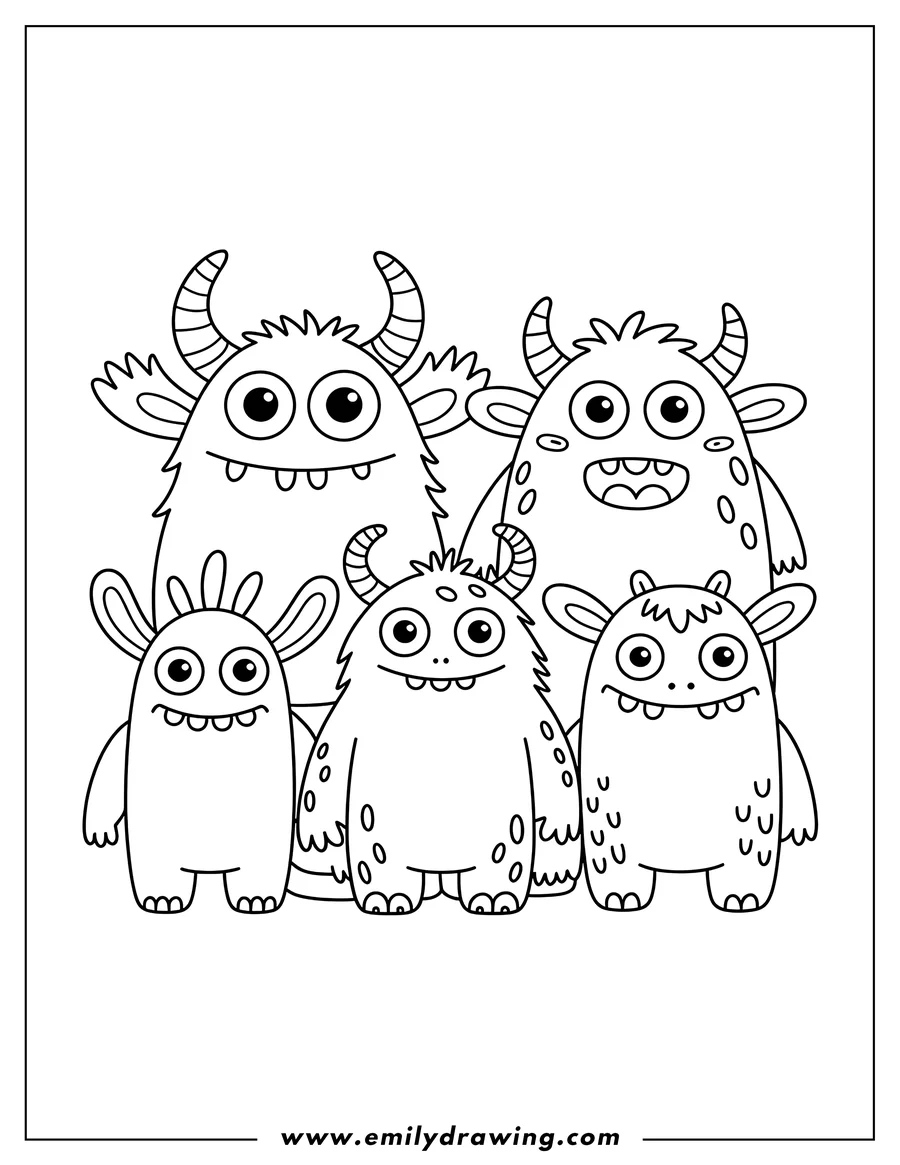 Line art of a group of five friendly monsters. Two larger monsters stand behind three smaller ones. They all have large, simple eyes, horns, and fluffy hair details.