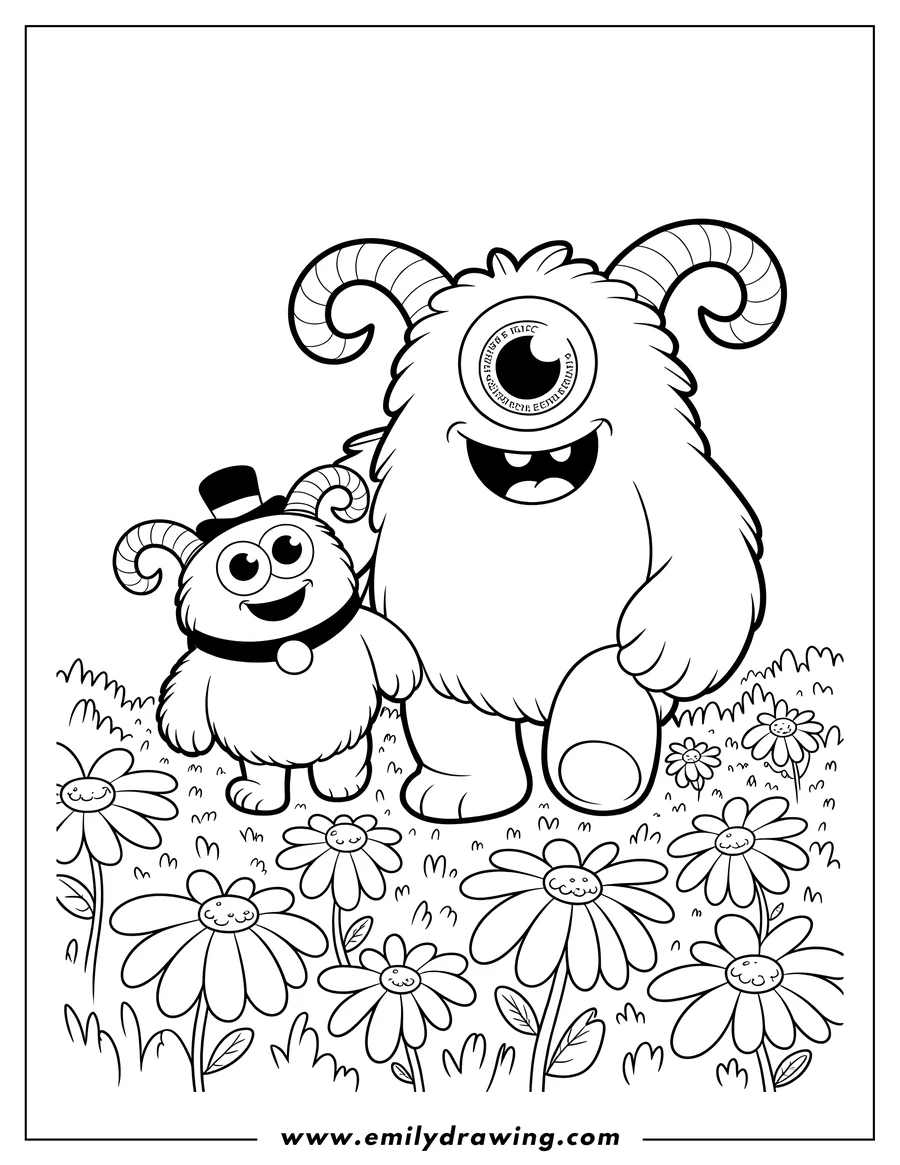 Line art of two friendly monsters standing in a patch of smiling flowers. The larger monster has one big eye and curly horns. The smaller monster wears a top hat and a collar.