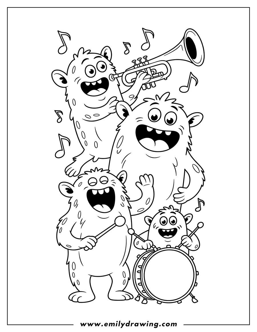 Outline of four friendly monsters playing musical instruments. One monster plays a trumpet, two play drums, and one sings along with musical notes floating around them.