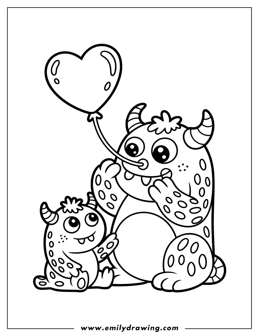 Line art of two friendly monsters. One monster holds a large heart-shaped balloon while the other monster sits beside it.