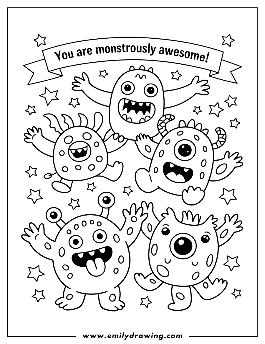 Line art of four friendly monsters with various features like three eyes, horns, and spots, surrounded by stars.