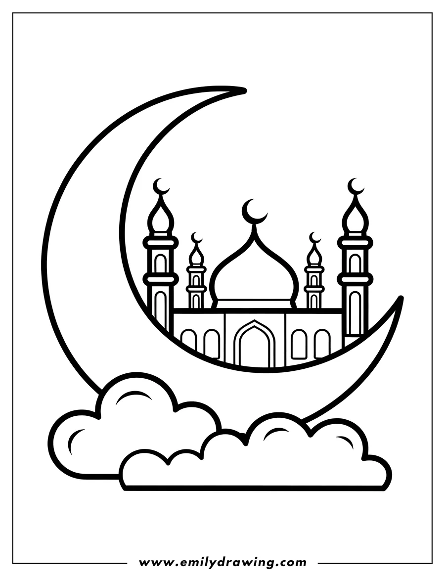 Outline of a mosque resting on a crescent moon above stylized clouds.