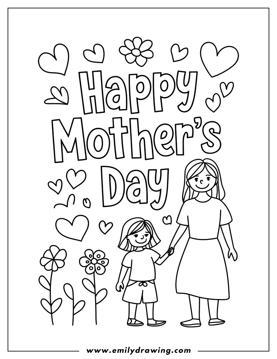 Outline of a mother and daughter holding hands, surrounded by hearts and flowers for Mother's Day.