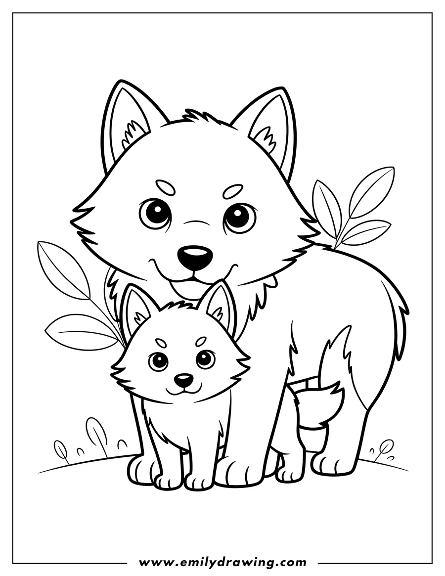 Line art of a mother arctic wolf standing with her pup in a snowy setting, surrounded by simple foliage.