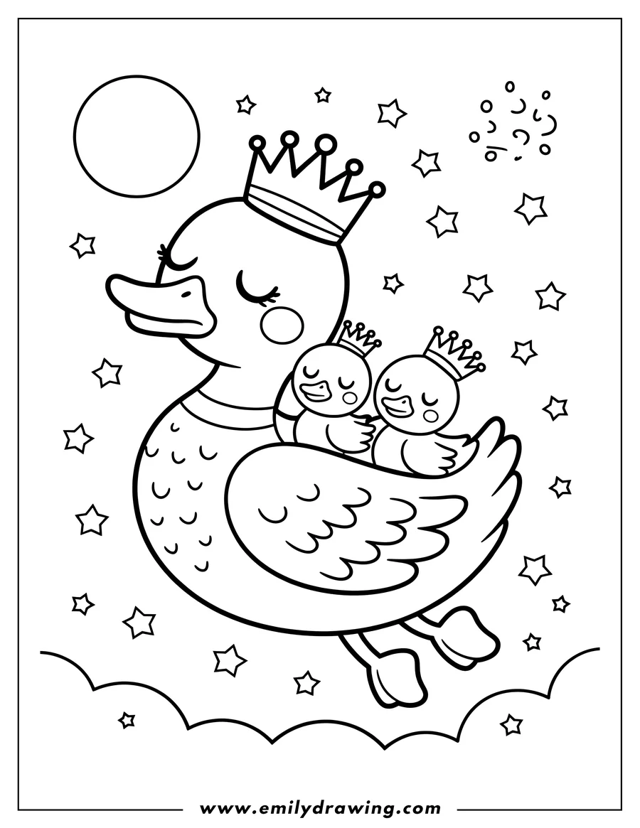 Line art of a mother duck with two ducklings on her back, all wearing crowns and flying at night amongst stars and a large moon.