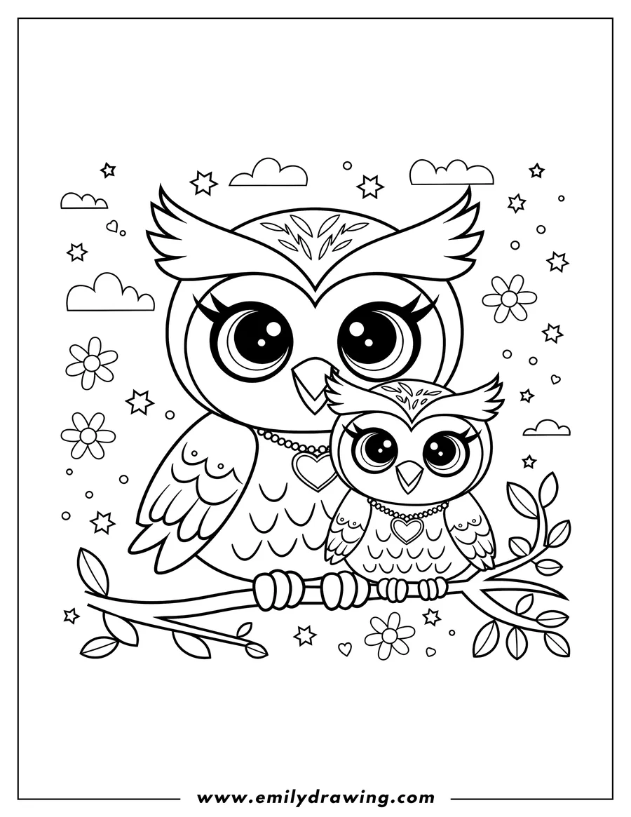 Line art of a mother owl and her baby owlet perched on a branch, surrounded by stylized flowers, stars, and clouds.