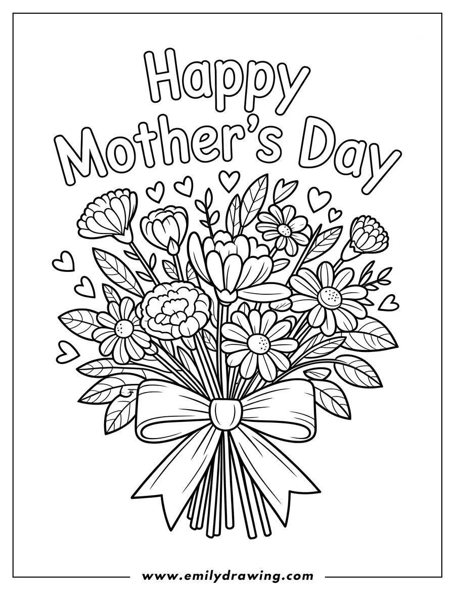 Outline of a Mother's Day bouquet with various flowers, leaves, and a tied ribbon. The words