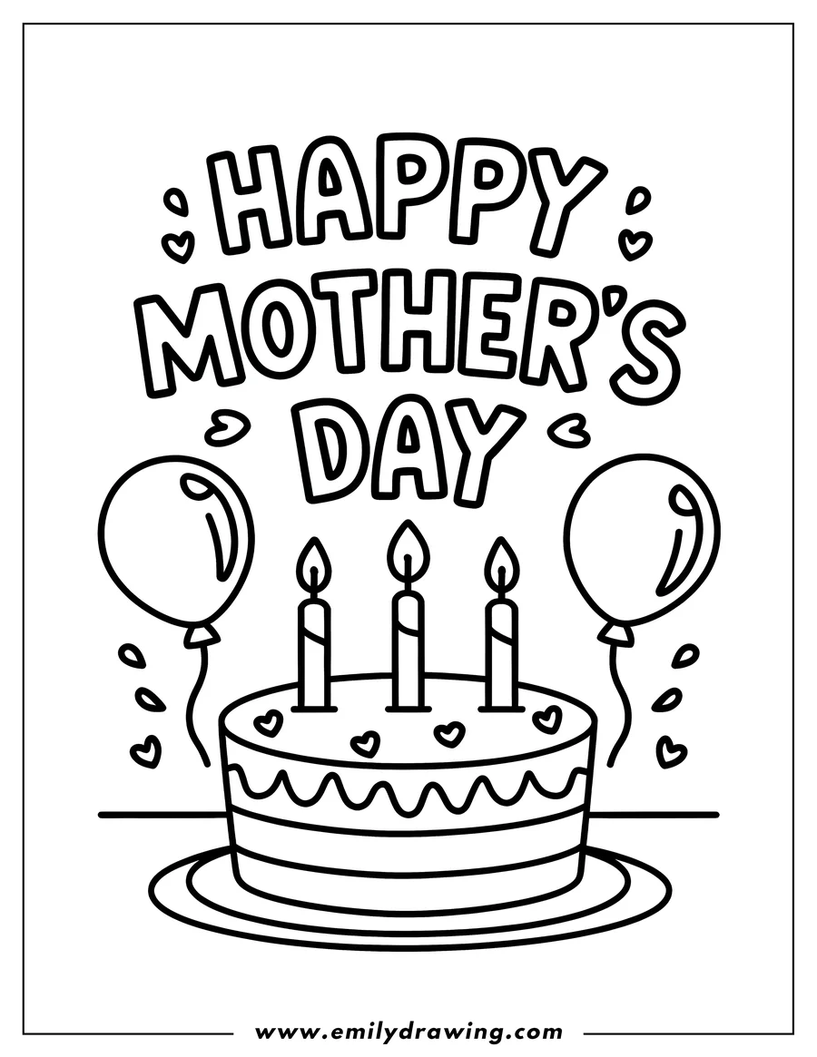 Outline of a Mother's Day cake with three lit candles, decorated with hearts, and flanked by two balloons. The words 'Happy Mother's Day' appear above the cake.