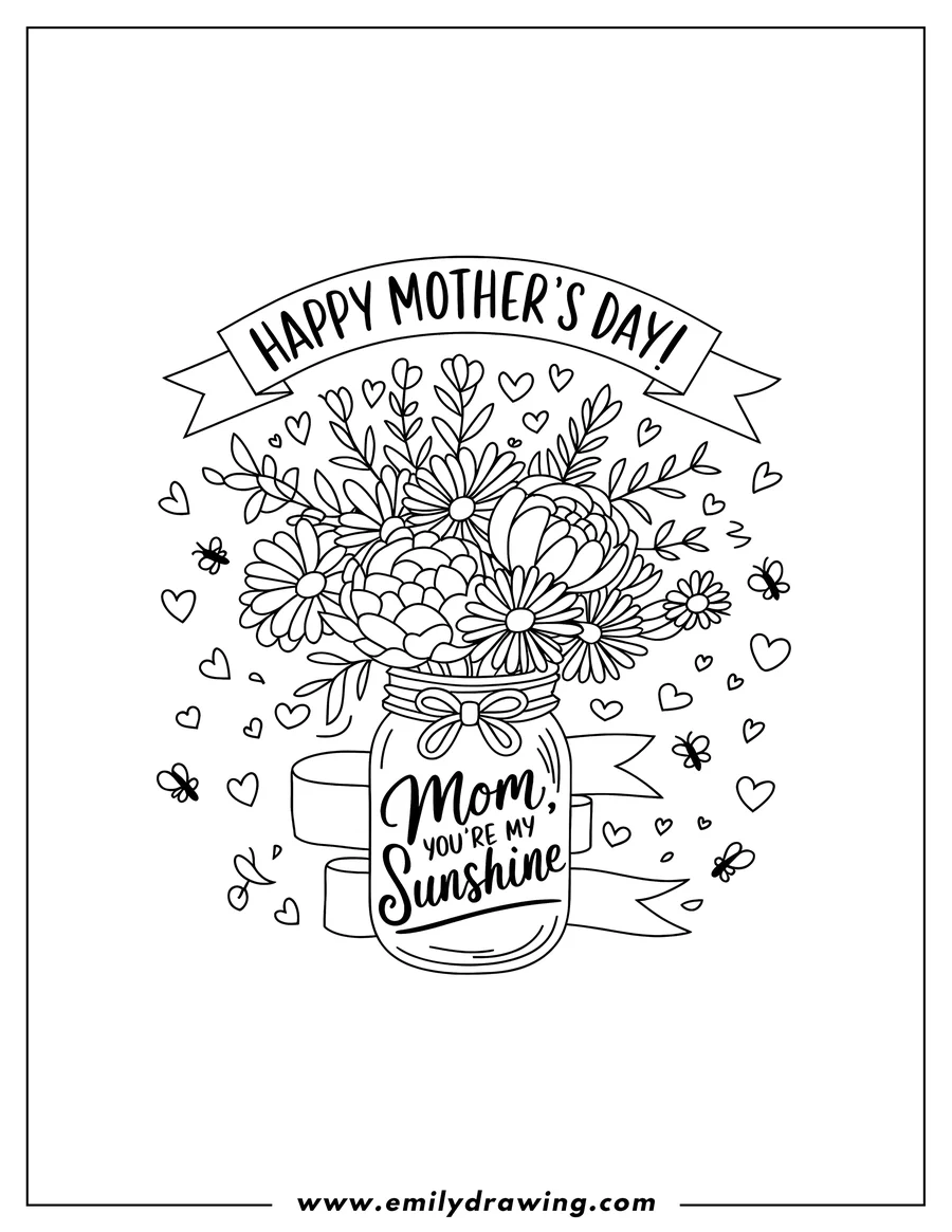 Line art illustration of a mason jar filled with a bouquet of flowers, tied with ribbon. The words