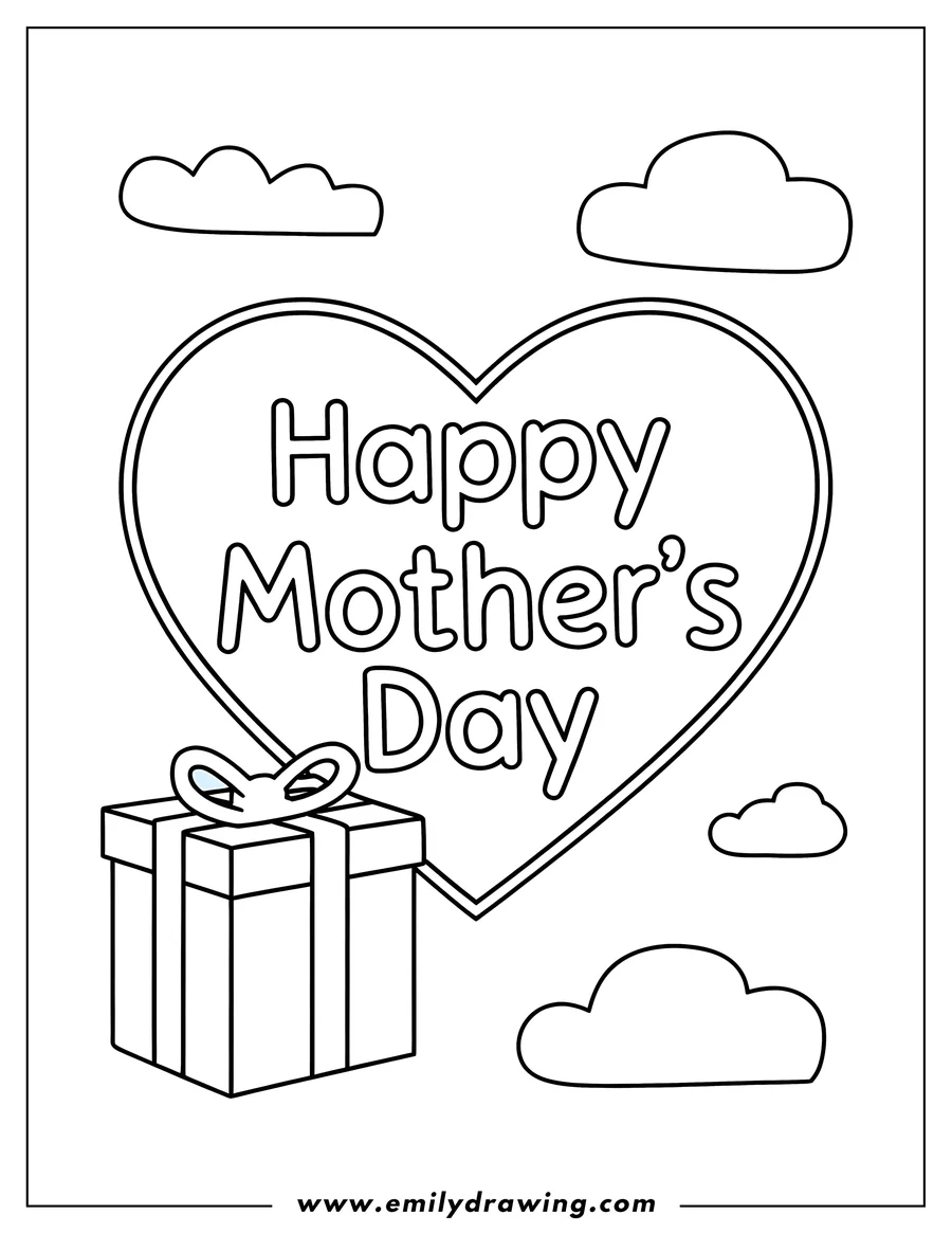 Outline of a Mother's Day gift with a ribbon beside a large heart with