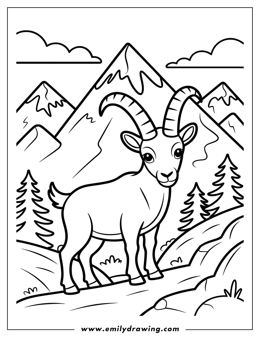 Outline of a mountain goat standing on a hillside, with snowy mountains and pine trees in the background.