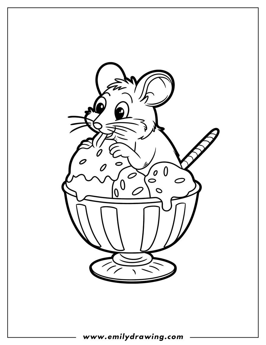 Outline of a mouse enjoying a large bowl of ice cream.