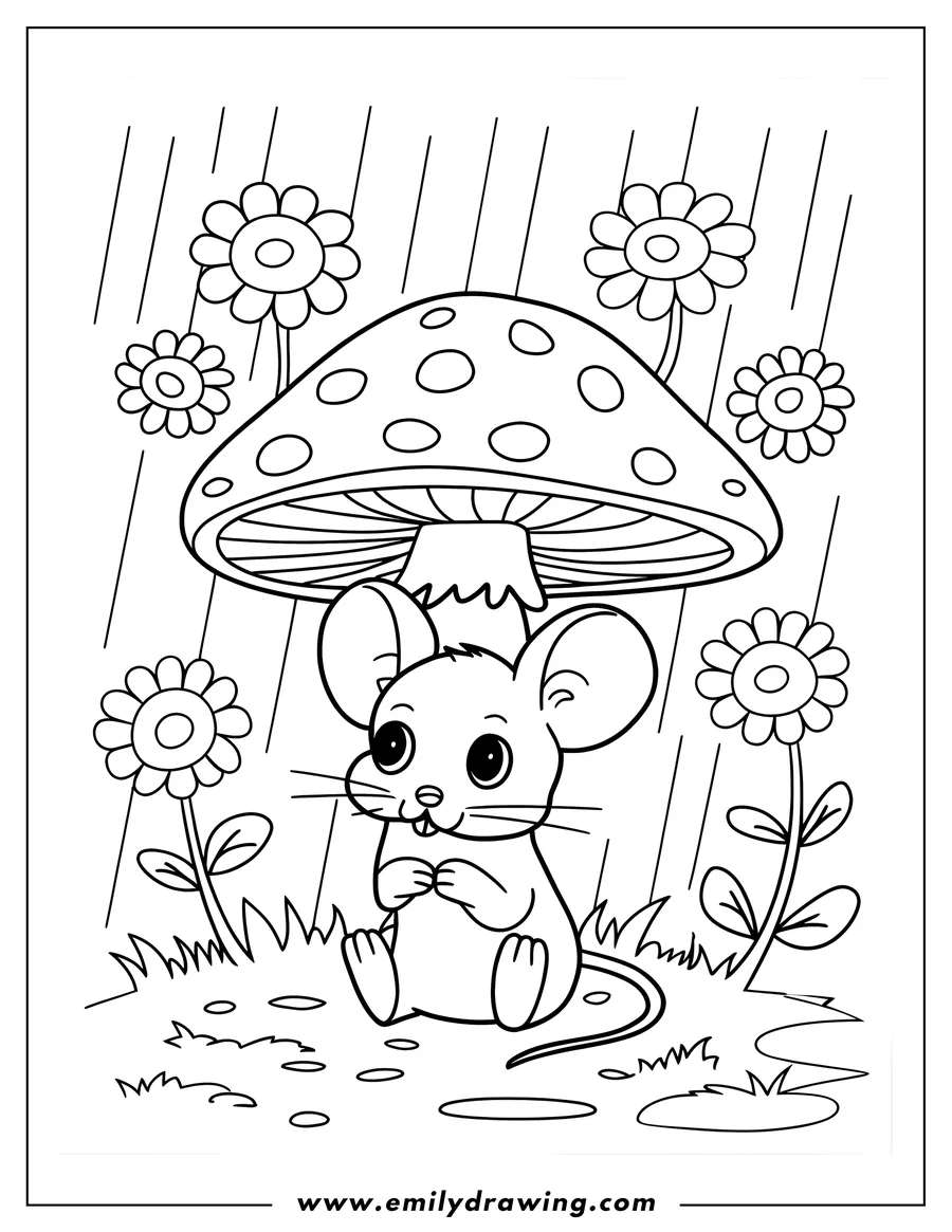 Outline of a mouse sitting under a large mushroom in the rain, surrounded by flowers.