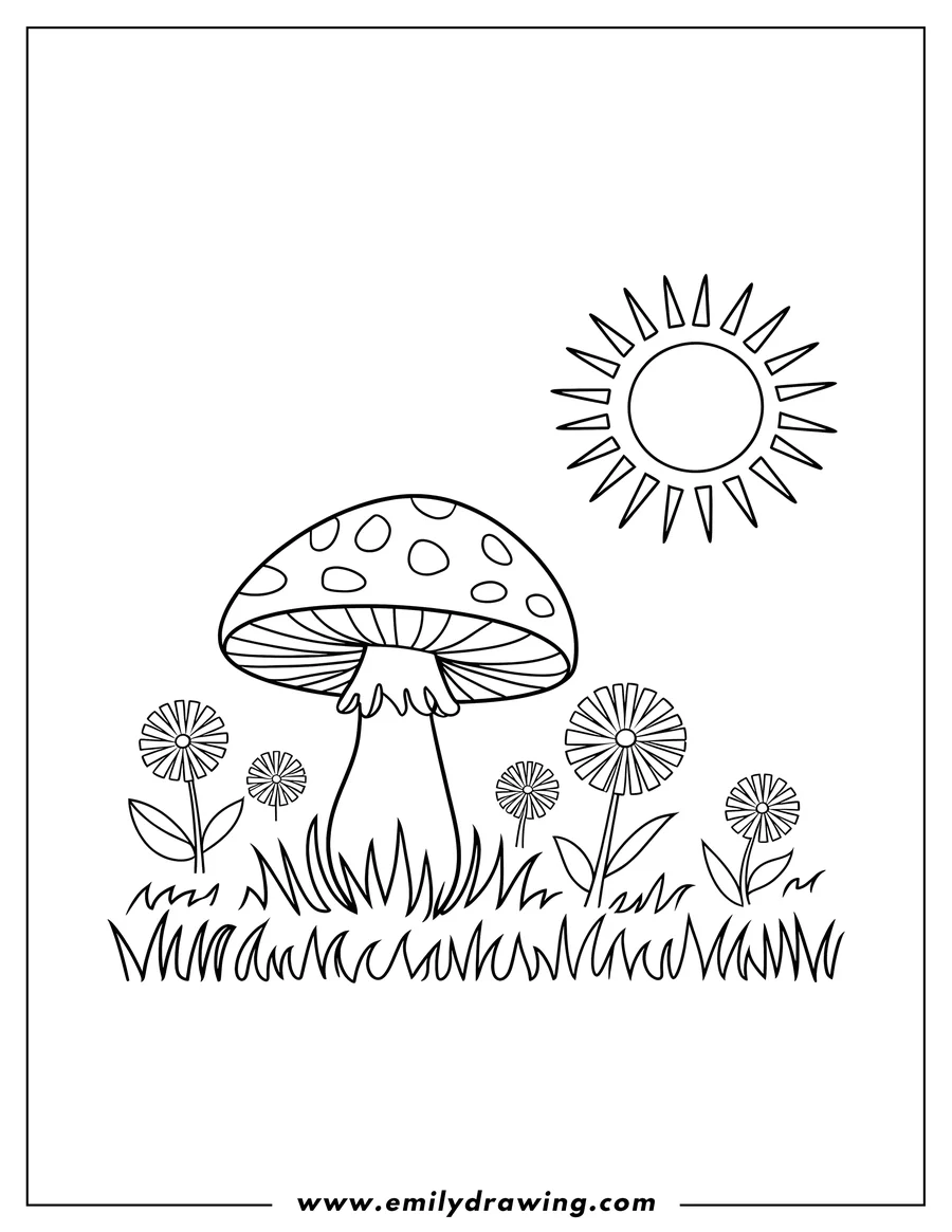 Outline of a spotted mushroom surrounded by small flowers and grass, with a sun shining above.