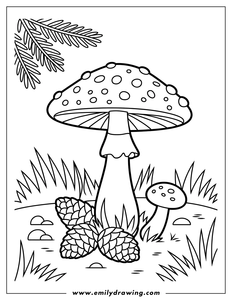 Outline of a mushroom and pine cones growing in the grass. A pine branch is visible in the background.