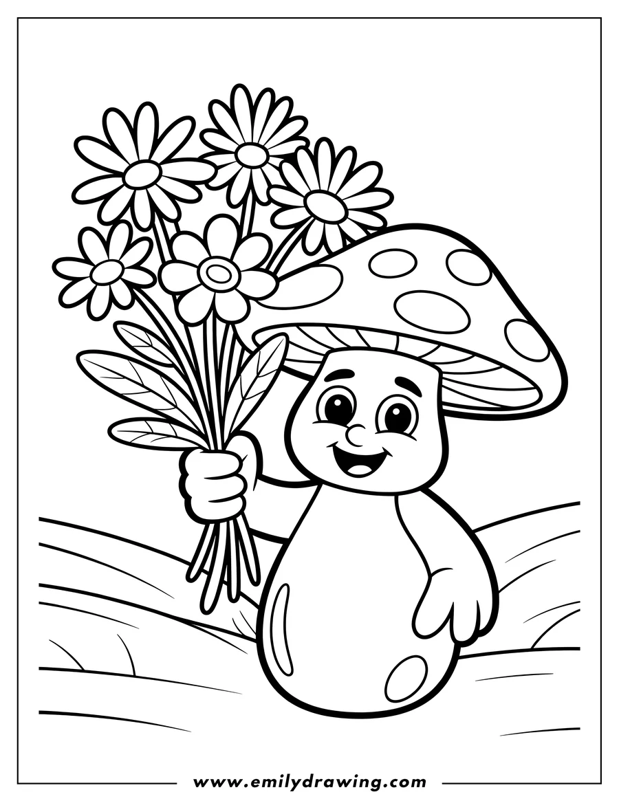 Outline of a cheerful mushroom holding a bouquet of daisies.