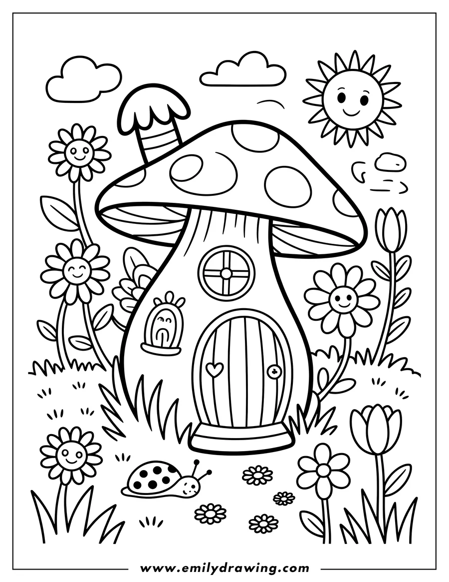 Outline of a whimsical mushroom house nestled in a garden with a friendly ladybug, flowers, and a smiling sun.