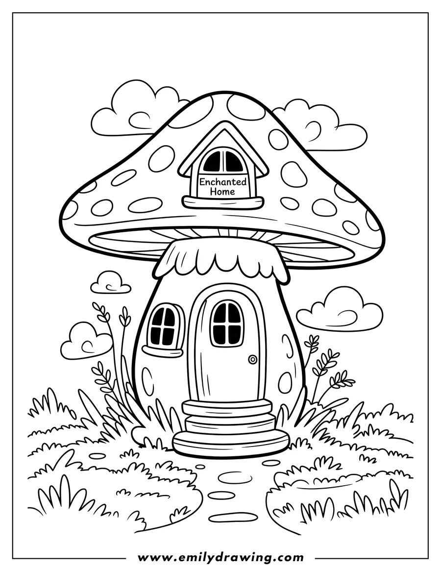 Line art of a whimsical mushroom house with a door, window, and steps, nestled in a grassy field with clouds overhead.