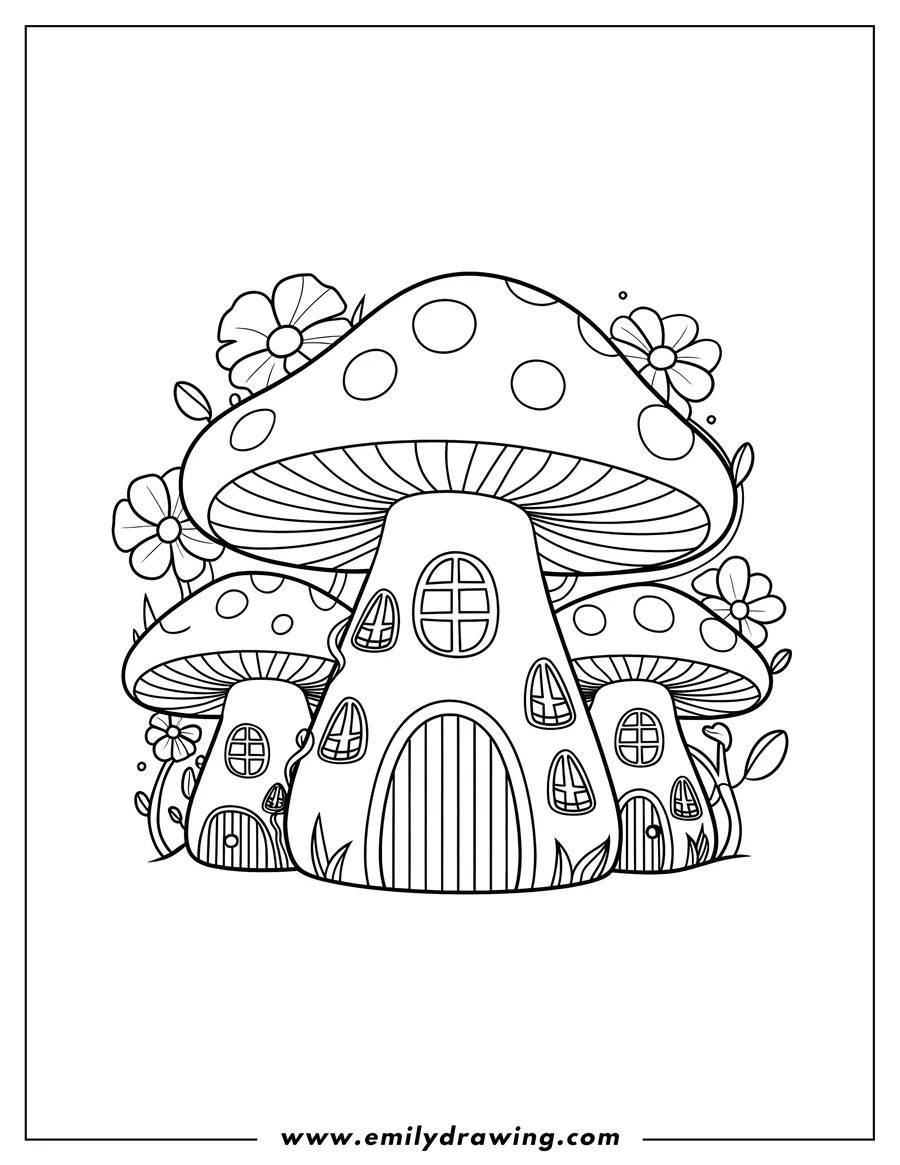 Outline of three mushroom houses with doors and windows, surrounded by flowers and grass.