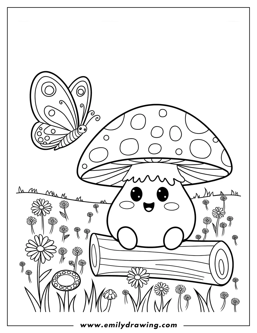 Outline of a cute, smiling mushroom sitting on a log in a field of flowers, with a butterfly fluttering nearby.