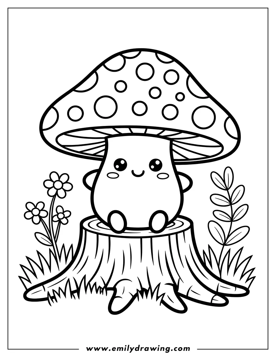 Outline of a cute mushroom sitting on a tree stump with small flowers and grass nearby.