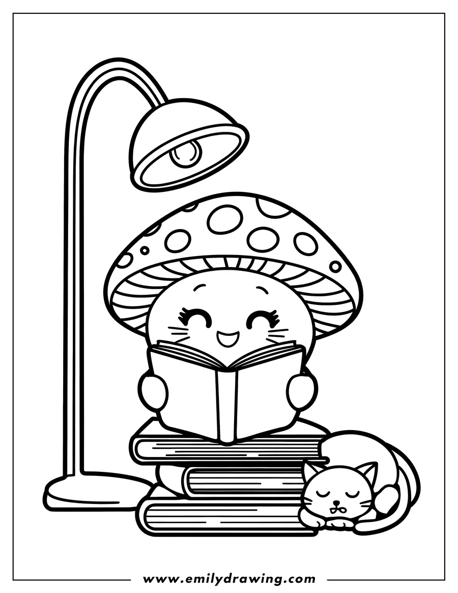 Line art of a mushroom sitting on a stack of books, reading a book with a sleeping cat beside it. A lamp is also present.