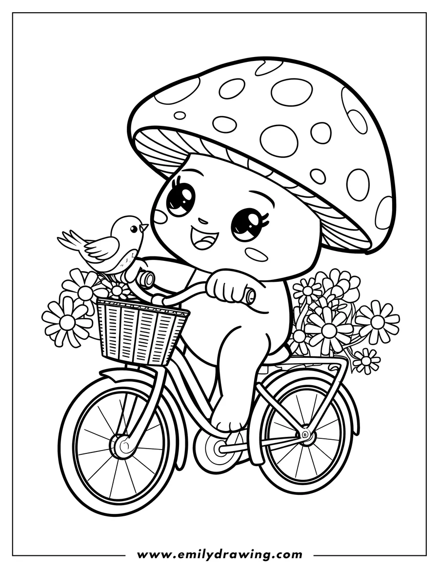 Outline of a mushroom character riding a bicycle with a bird in the front basket and flowers on the back.