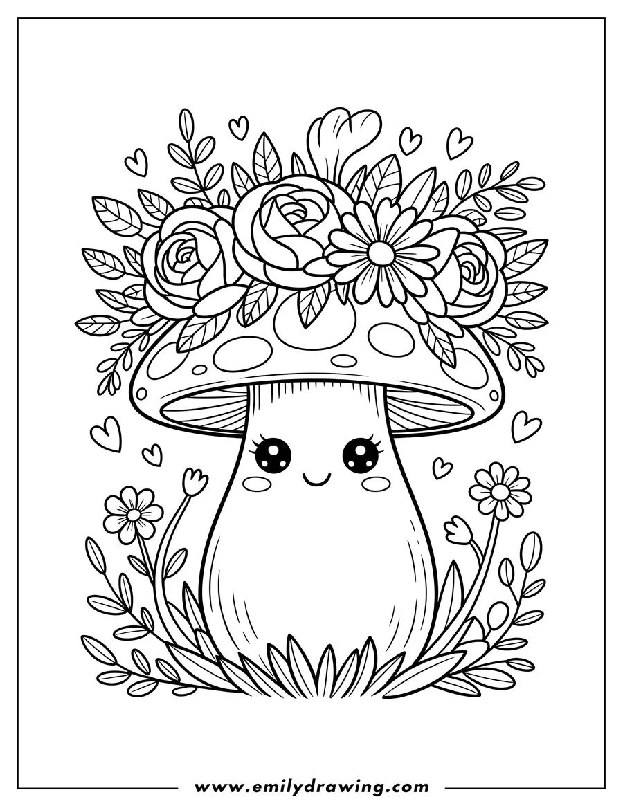 Outline of a cute mushroom wearing a crown of flowers and leaves, surrounded by small hearts and flowers.