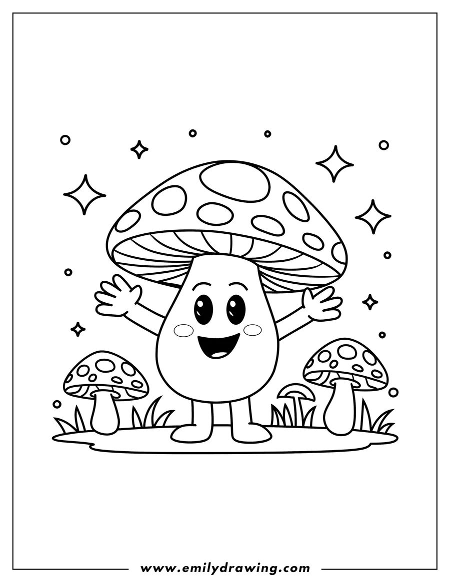 Outline of a happy mushroom character waving, surrounded by two smaller mushrooms and blades of grass.