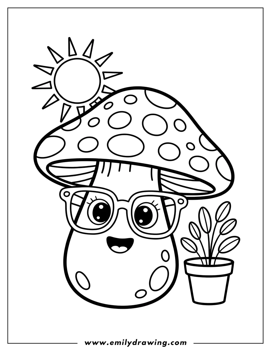 Outline of a friendly mushroom wearing glasses, next to a small potted plant, with a shining sun in the background.