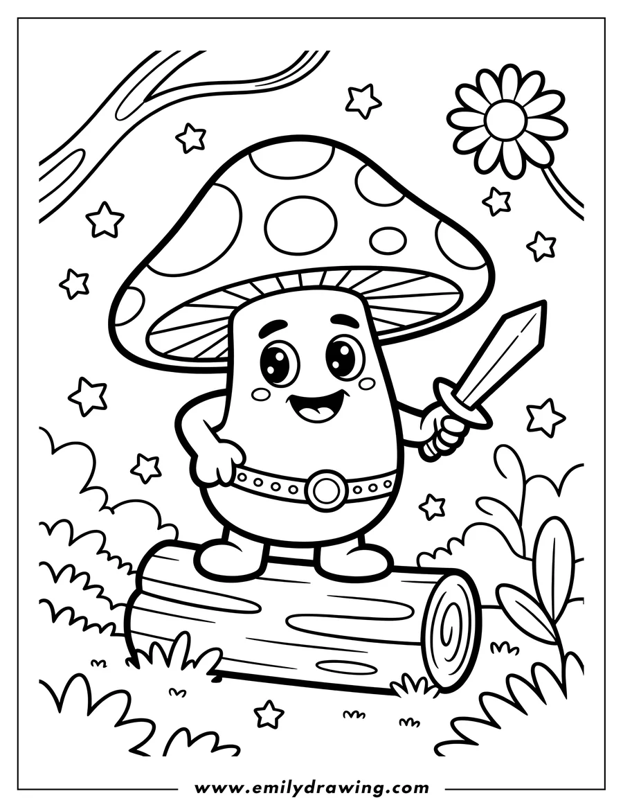 Outline of a cheerful mushroom character wearing a belt and boots, holding a sword while standing on a log in a whimsical setting with stars and flowers.