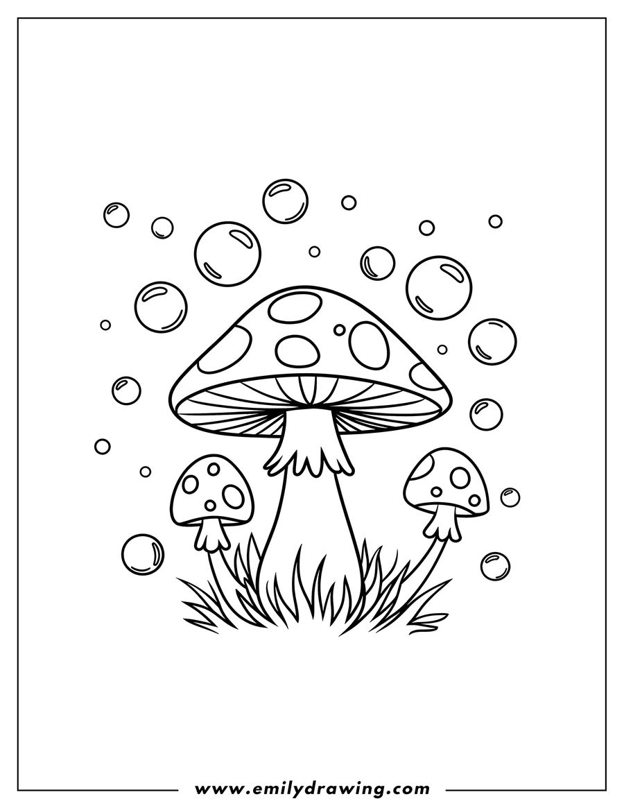 Outline of three mushrooms growing in the grass, surrounded by floating bubbles.