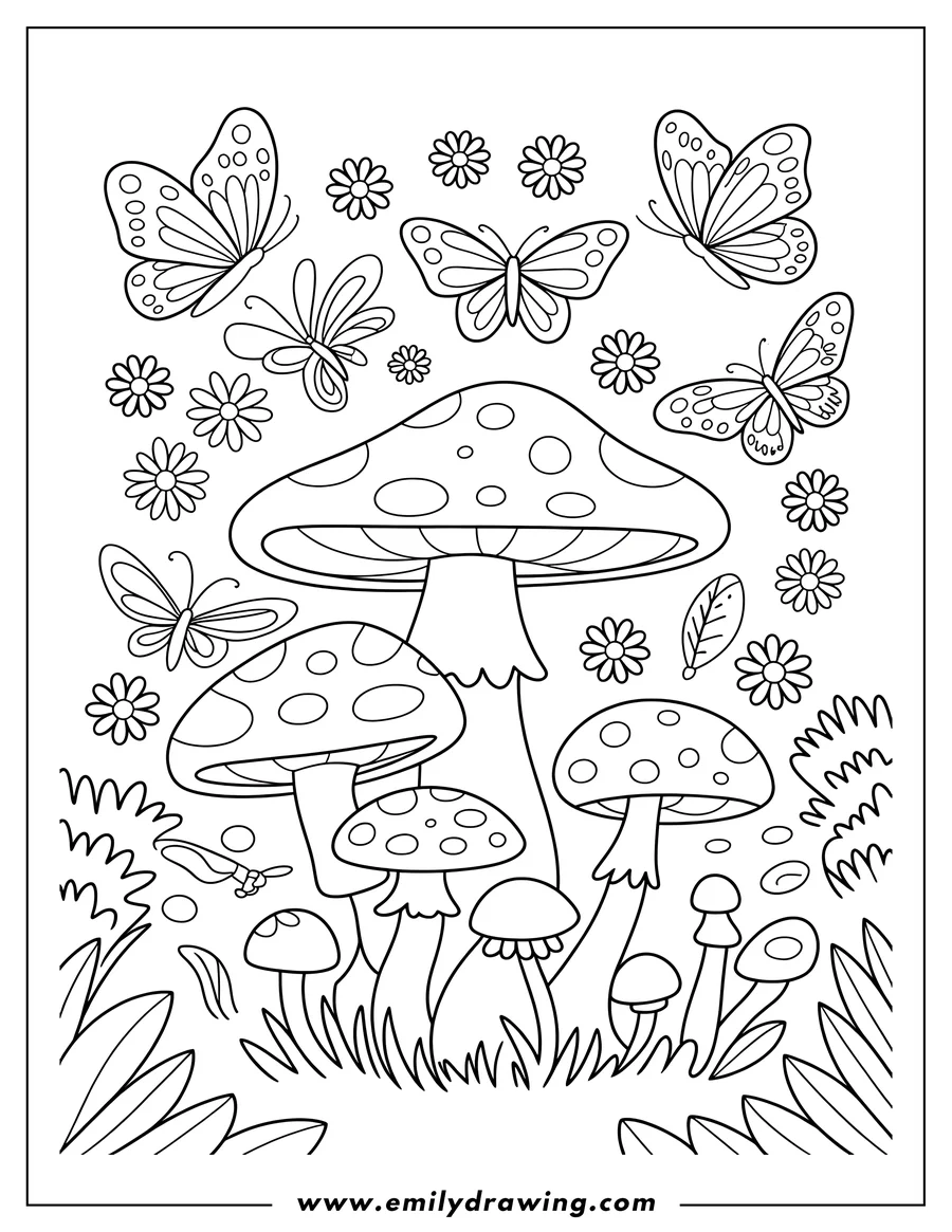 Outline of several mushrooms of different shapes and sizes surrounded by butterflies and flowers.