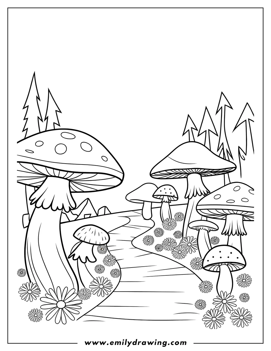 Outline of several mushrooms of varying sizes surrounded by small flowers, with stylized trees in the background.