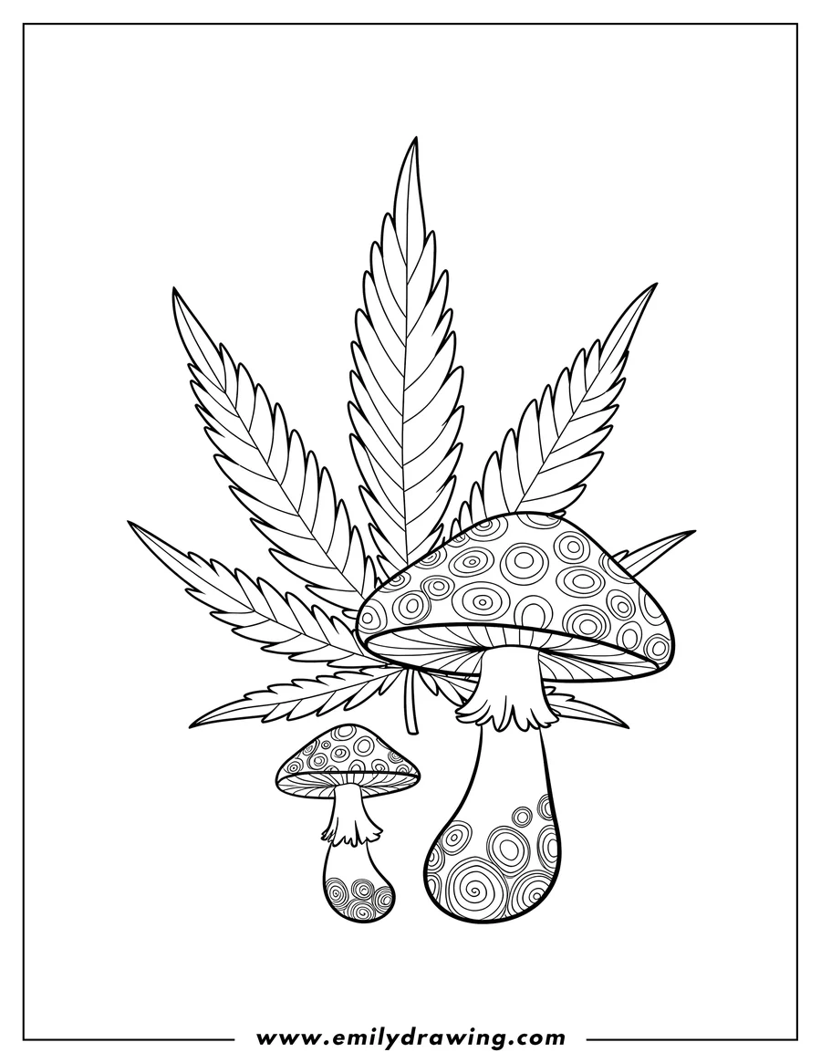 Line art of two mushrooms with decorative swirls on their caps, accompanied by a large detailed leaf.