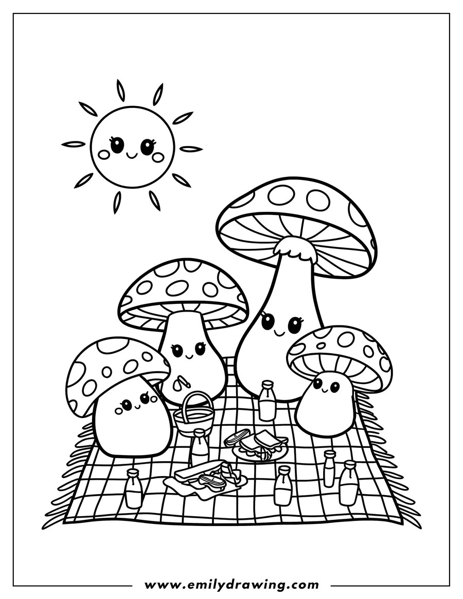 Outline of three cute mushrooms having a picnic on a blanket with sandwiches and drinks, under a smiling sun.