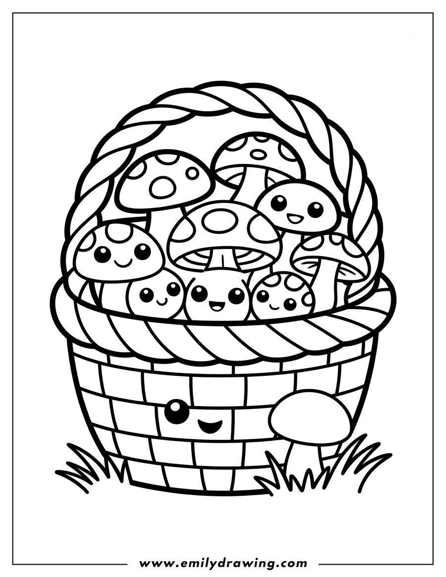 Outline of a group of cute, smiling mushrooms nestled inside a woven basket. Another mushroom sits in the grass beside the basket.