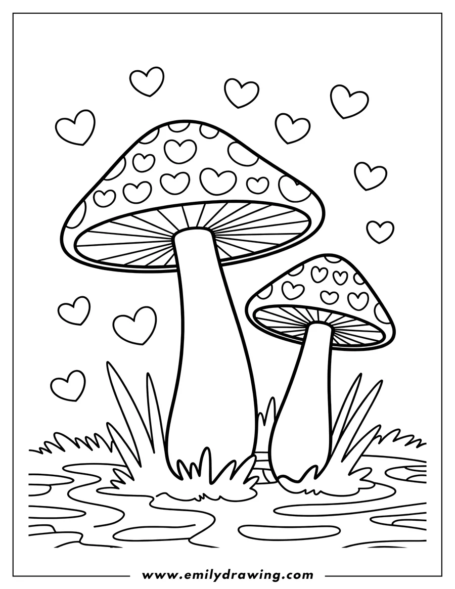 Outline of two mushrooms with heart shapes on their caps, growing in a patch of grass near some puddles.