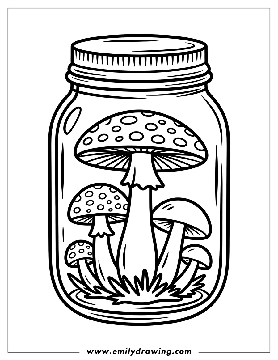 Outline of several mushrooms growing inside a glass jar, with a bit of grass at their base.