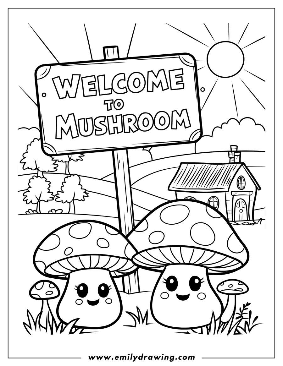 Two smiling mushrooms stand near a welcome sign in Mushroom Village, with a small house, trees, grass, and smaller mushrooms in the background. This is line art intended as a coloring page.