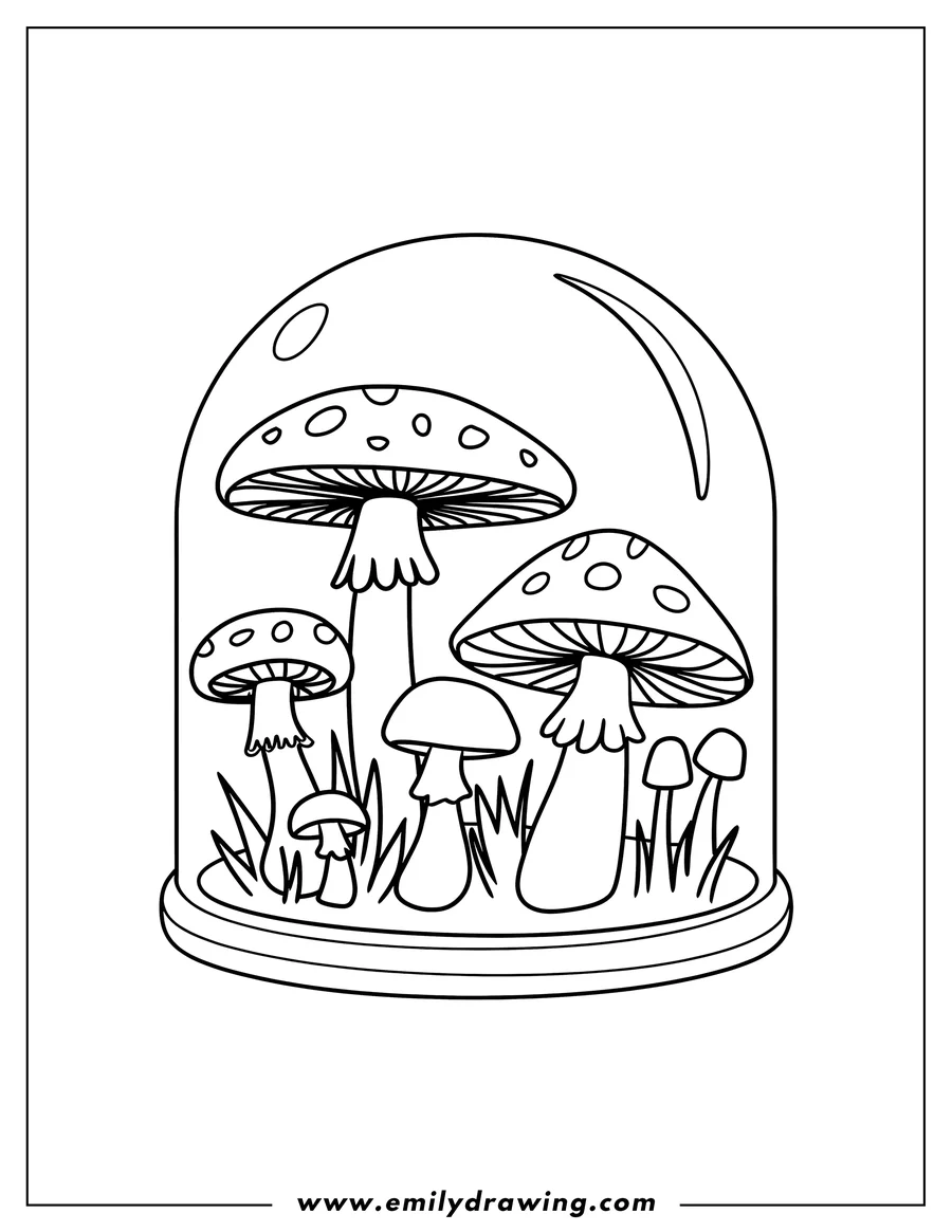 Outline of several mushrooms of varying sizes growing inside a glass terrarium. Blades of grass are visible at the base of the mushrooms.