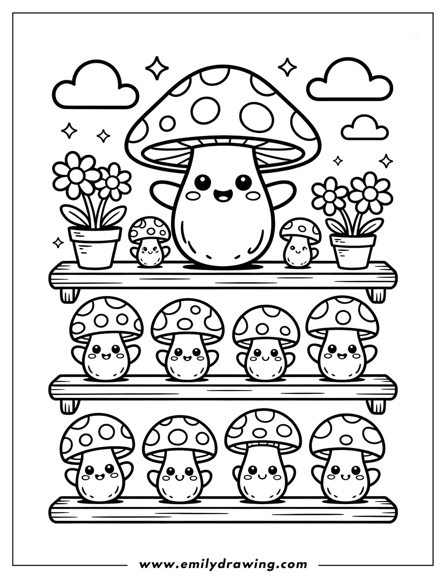 Outline of cute, smiling mushrooms arranged on wooden shelves, with potted flowers and clouds in the background.