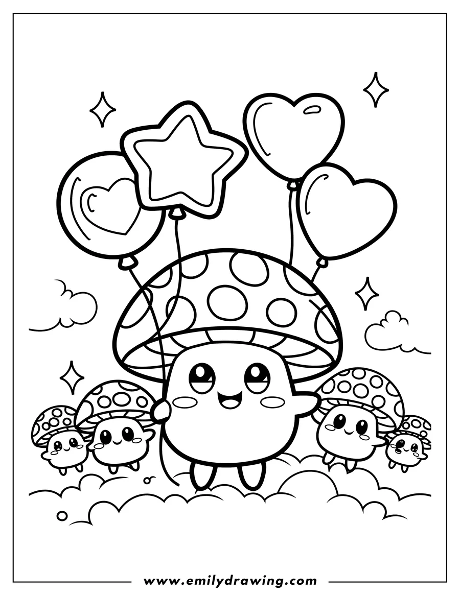 Outline of a group of cute, smiling mushrooms. One large mushroom holds heart and star-shaped balloons, floating on clouds with two smaller mushrooms.
