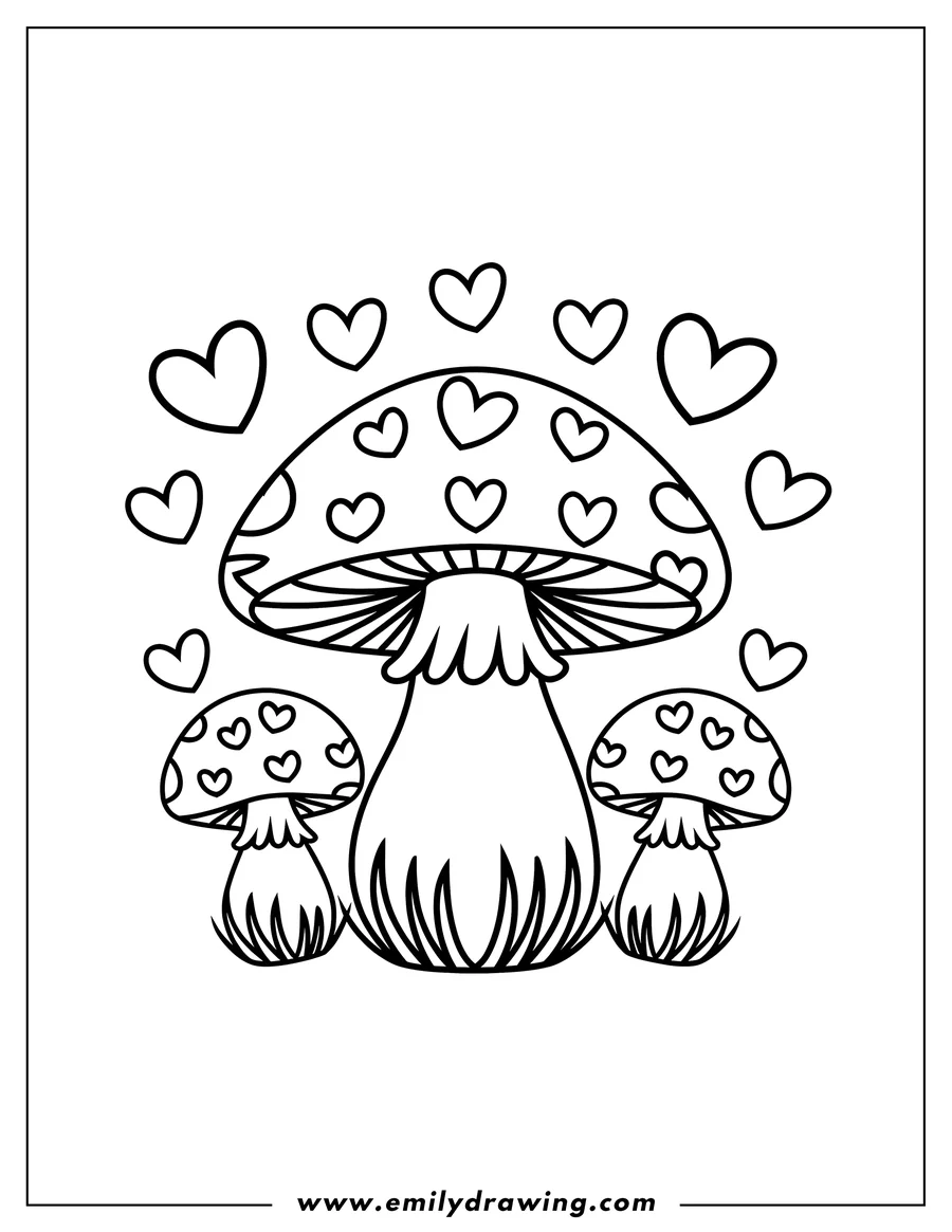 Outline of three mushrooms with heart shapes on their caps and floating around them.
